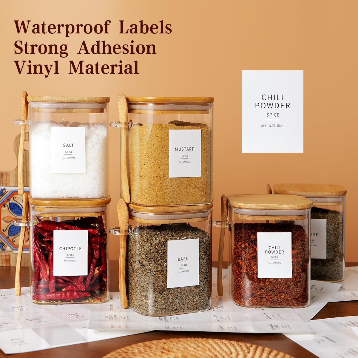 6 Pcs Glass Jar with Bamboo Lid and Spoon - 17 oz Large Sugar Container with 148 Kitchen Pantry Spice Jar Labels Preprinted - Glass Containers with Wooden Lids Hold Coffee, Tea, Candy