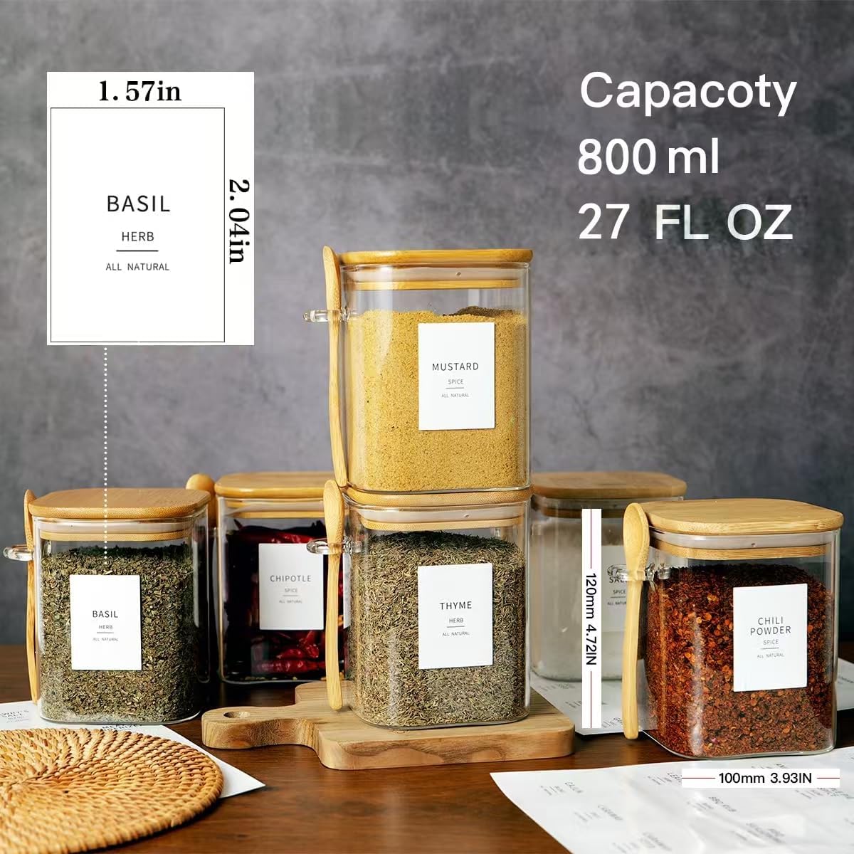 6 Pcs Glass Jar with Bamboo Lid and Spoon - 17 oz Large Sugar Container with 148 Kitchen Pantry Spice Jar Labels Preprinted - Glass Containers with Wooden Lids Hold Coffee, Tea, Candy