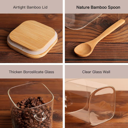 6 Pcs Glass Jar with Bamboo Lid and Spoon - 17 oz Large Sugar Container with 148 Kitchen Pantry Spice Jar Labels Preprinted - Glass Containers with Wooden Lids Hold Coffee, Tea, Candy