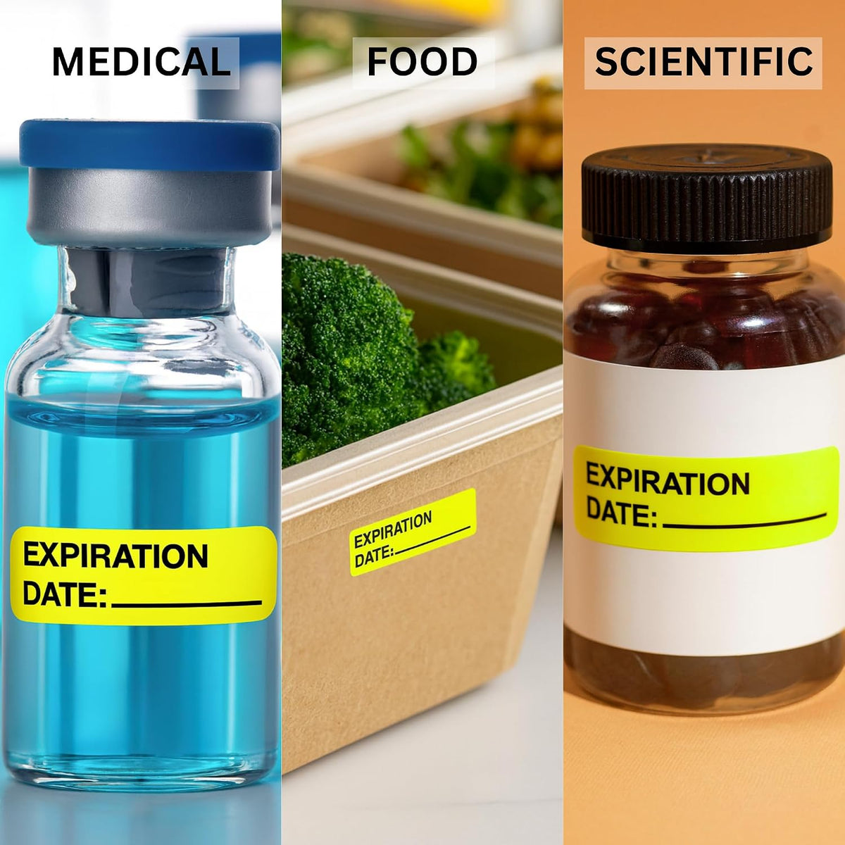 Expiration Date Stickers, 800 Fluoro Yellow Write-On Labels, 0.5" x 1.5" (12mm x 40mm), Food, Medical & Lab Use