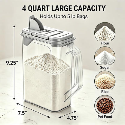Cereal Containers Storage, Airtight 4 Quart Plastic Pantry Containers with Easy Grip Handles and Pour Spouts for Flour, Sugar, Rice, Cereal and Pet Food