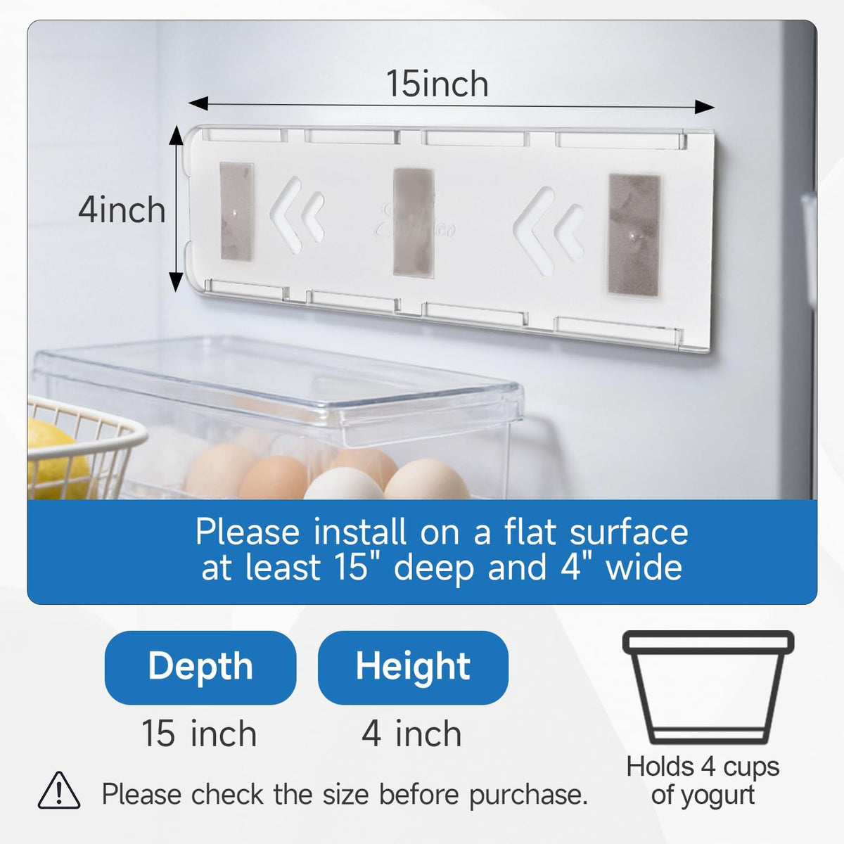 Yogurt Organizer for Fridge, White | Holds 4 Yogurts with a 3.75 in Diameter, Comes with Double-sided Adhesive, Space Saving & Mess Free, Food Grade ABS Material