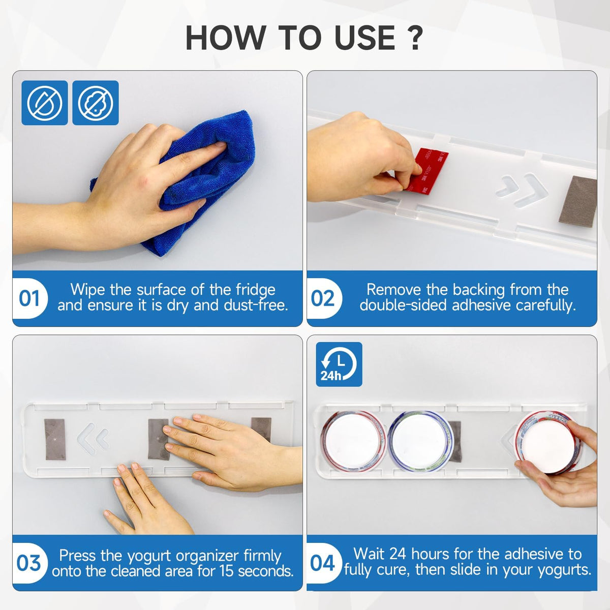 Yogurt Organizer for Fridge, White | Holds 4 Yogurts with a 3.75 in Diameter, Comes with Double-sided Adhesive, Space Saving & Mess Free, Food Grade ABS Material