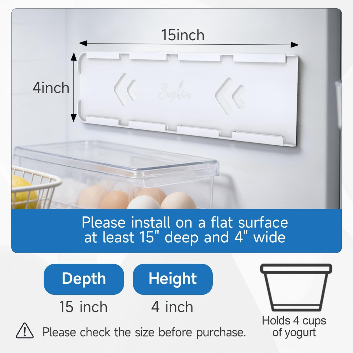 Yogurt Organizer for Fridge, White | Holds 4 Yogurts with a 3.75 in Diameter, Comes with Double-sided Adhesive, Space Saving & Mess Free, Food Grade ABS Material