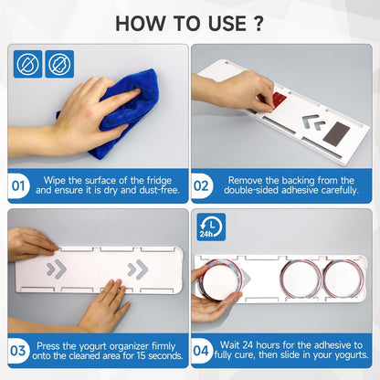 Yogurt Organizer for Fridge, White | Holds 4 Yogurts with a 3.75 in Diameter, Comes with Double-sided Adhesive, Space Saving & Mess Free, Food Grade ABS Material