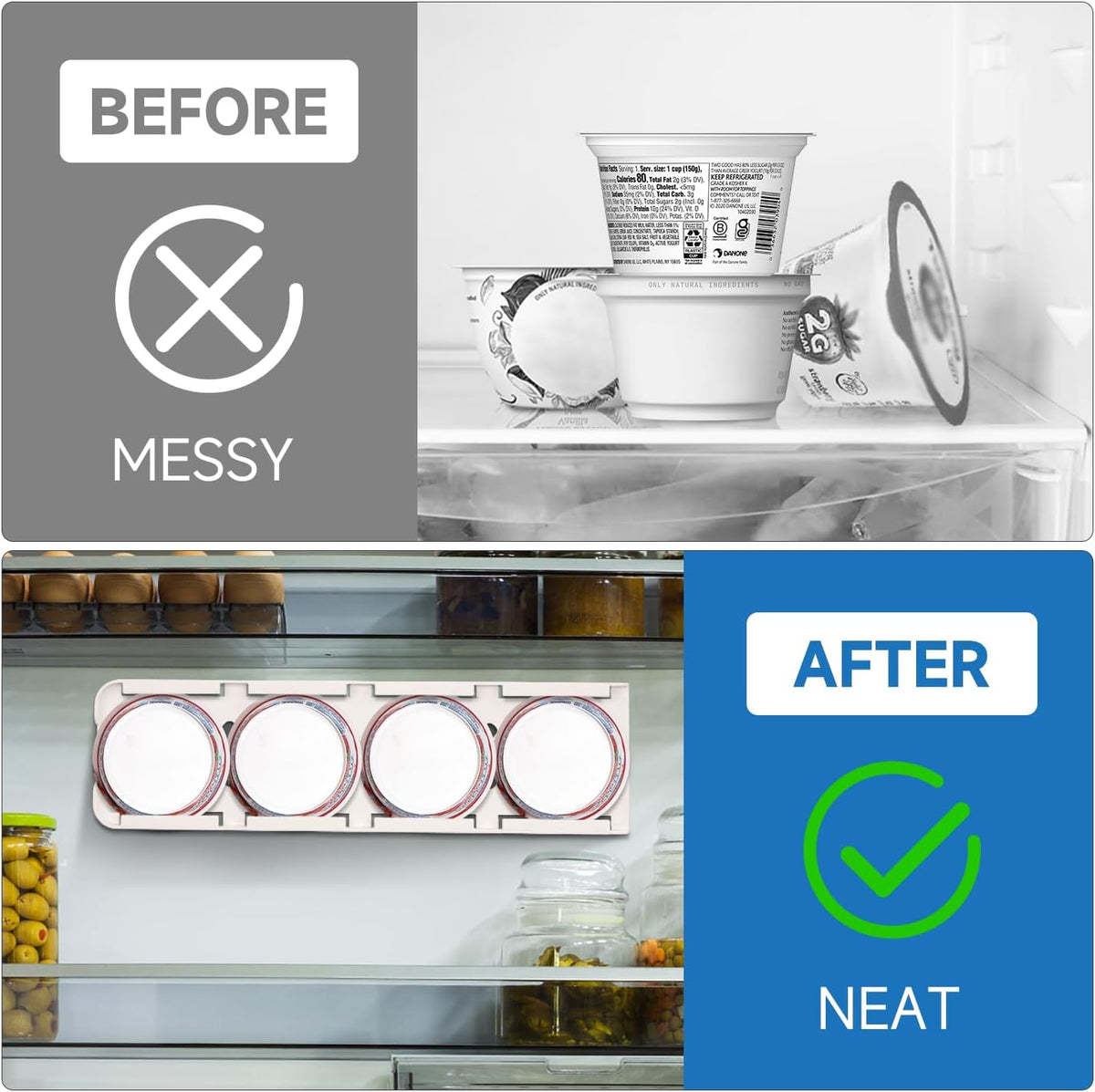 Yogurt Organizer for Fridge, White | Holds 4 Yogurts with a 3.75 in Diameter, Comes with Double-sided Adhesive, Space Saving & Mess Free, Food Grade ABS Material