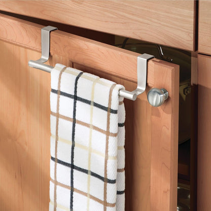Metal Over Kitchen Cabinet Door Towel Bar Holder for Hand, Dish, and Tea Towel Rack - Over the Door Towel Bar - Hang on Inside or Outside of Doors - Kitchen Organizer - Omni Collection - Satin