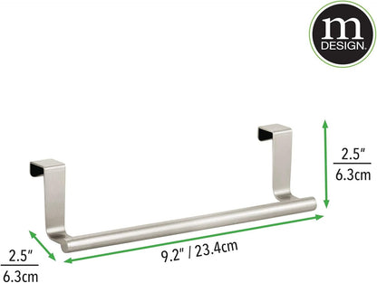 Metal Over Kitchen Cabinet Door Towel Bar Holder for Hand, Dish, and Tea Towel Rack - Over the Door Towel Bar - Hang on Inside or Outside of Doors - Kitchen Organizer - Omni Collection - Satin