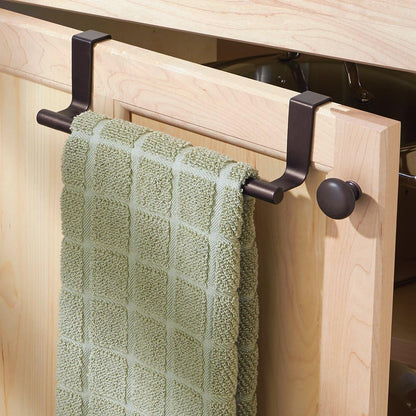 Metal Over Kitchen Cabinet Door Towel Bar Holder for Hand, Dish, and Tea Towel Rack - Over the Door Towel Bar - Hang on Inside or Outside of Doors - Kitchen Organizer - Omni Collection - Satin
