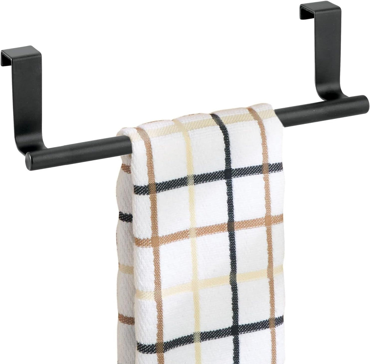 Metal Over Kitchen Cabinet Door Towel Bar Holder for Hand, Dish, and Tea Towel Rack - Over the Door Towel Bar - Hang on Inside or Outside of Doors - Kitchen Organizer - Omni Collection - Satin