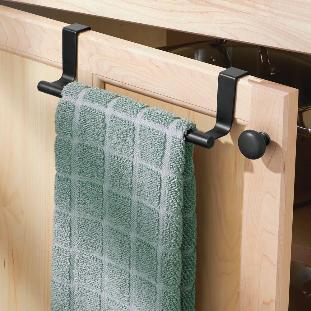 Metal Over Kitchen Cabinet Door Towel Bar Holder for Hand, Dish, and Tea Towel Rack - Over the Door Towel Bar - Hang on Inside or Outside of Doors - Kitchen Organizer - Omni Collection - Satin