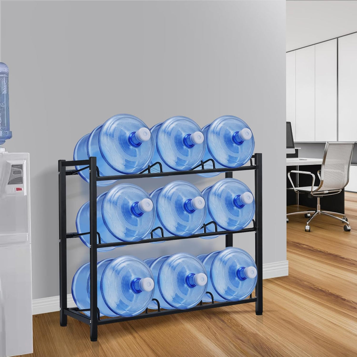 12-Tray Water Jug Rack, Storage 5 Gallon Water Cooler Bottle Holder Stand, 4-Tier Heavy Duty Carbon Steel 5 Gal Water Bottle Organizer for Home, Office, Kitchen, Warehouse, Black