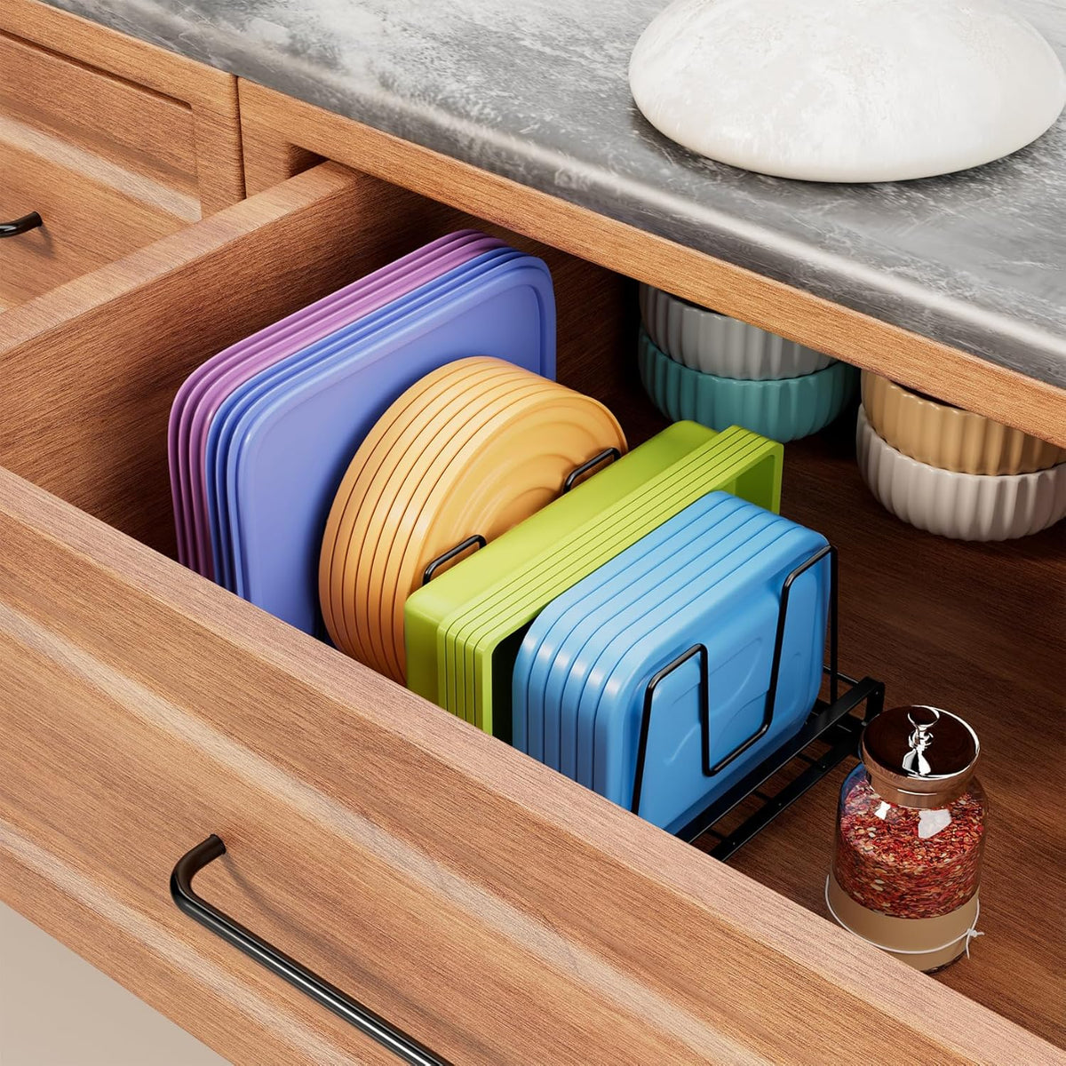 Food Container Lid Organizer Rack with Adjustable 6 Dividers, Black | Full-Metal Pot and Pan Organizer Holder for Home Kitchen Cabinets, Drawers, Countertop, Cupboards, Pantry Shelves Storage