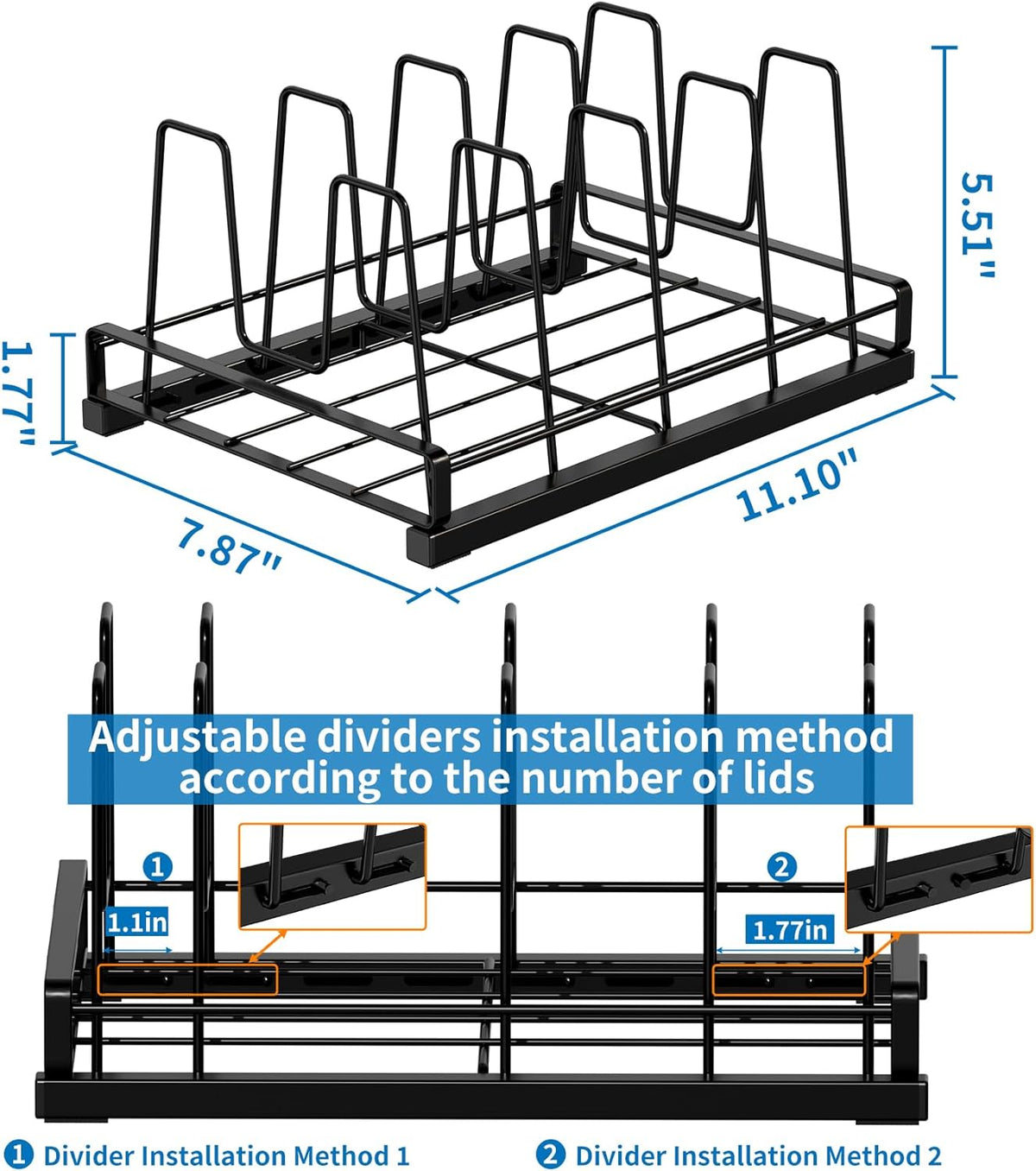 Food Container Lid Organizer Rack with Adjustable 6 Dividers, Black | Full-Metal Pot and Pan Organizer Holder for Home Kitchen Cabinets, Drawers, Countertop, Cupboards, Pantry Shelves Storage