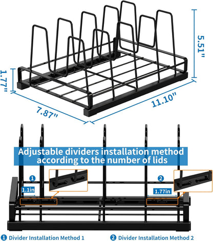 Food Container Lid Organizer Rack with Adjustable 6 Dividers, Black | Full-Metal Pot and Pan Organizer Holder for Home Kitchen Cabinets, Drawers, Countertop, Cupboards, Pantry Shelves Storage