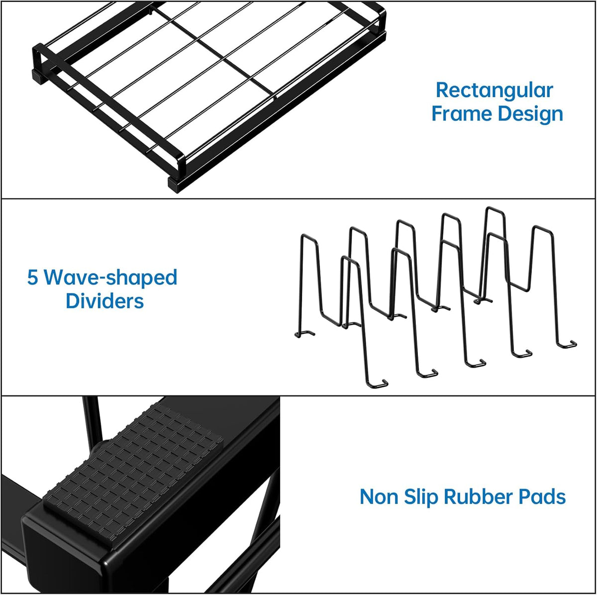 Food Container Lid Organizer Rack with Adjustable 6 Dividers, Black | Full-Metal Pot and Pan Organizer Holder for Home Kitchen Cabinets, Drawers, Countertop, Cupboards, Pantry Shelves Storage