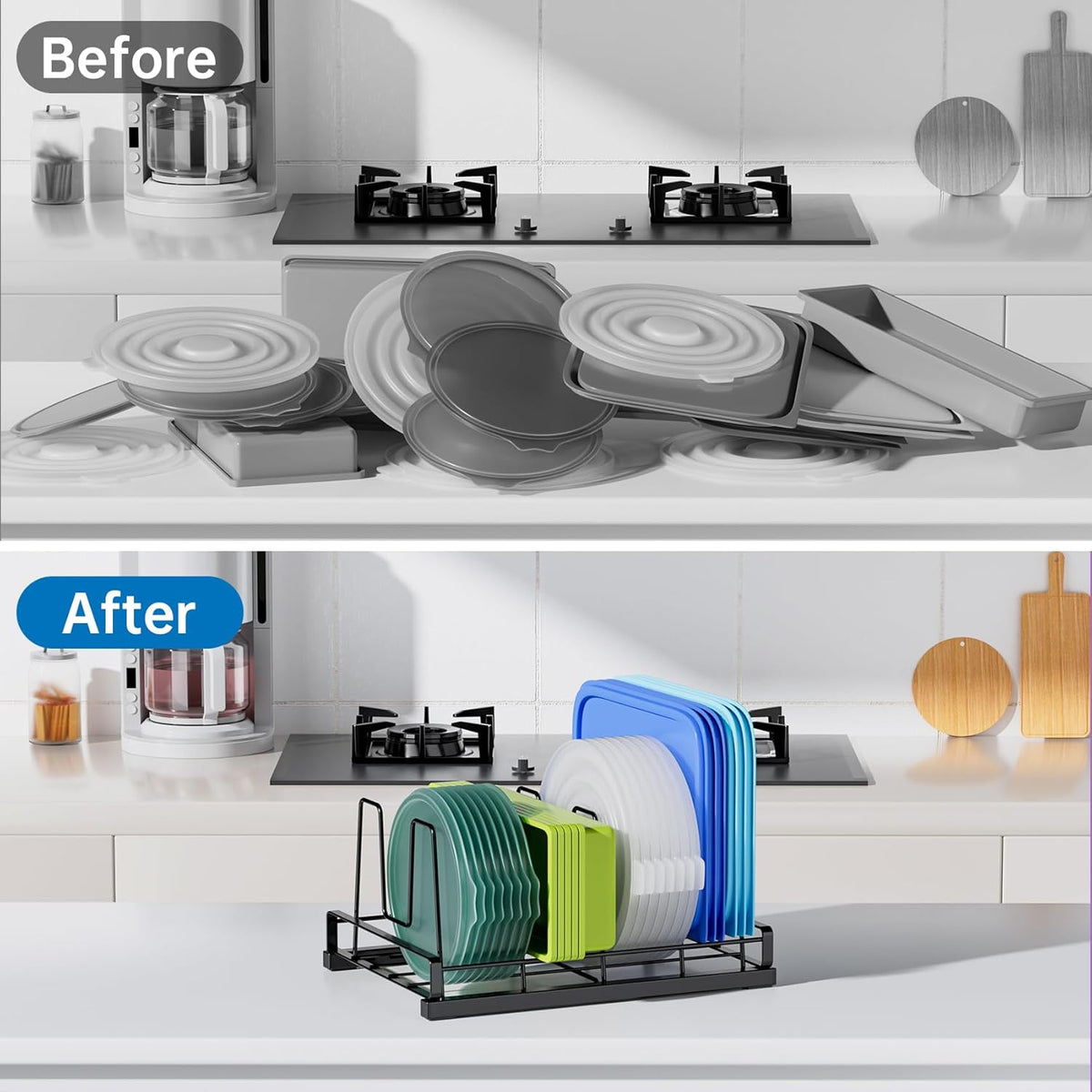 Food Container Lid Organizer Rack with Adjustable 6 Dividers, Black | Full-Metal Pot and Pan Organizer Holder for Home Kitchen Cabinets, Drawers, Countertop, Cupboards, Pantry Shelves Storage