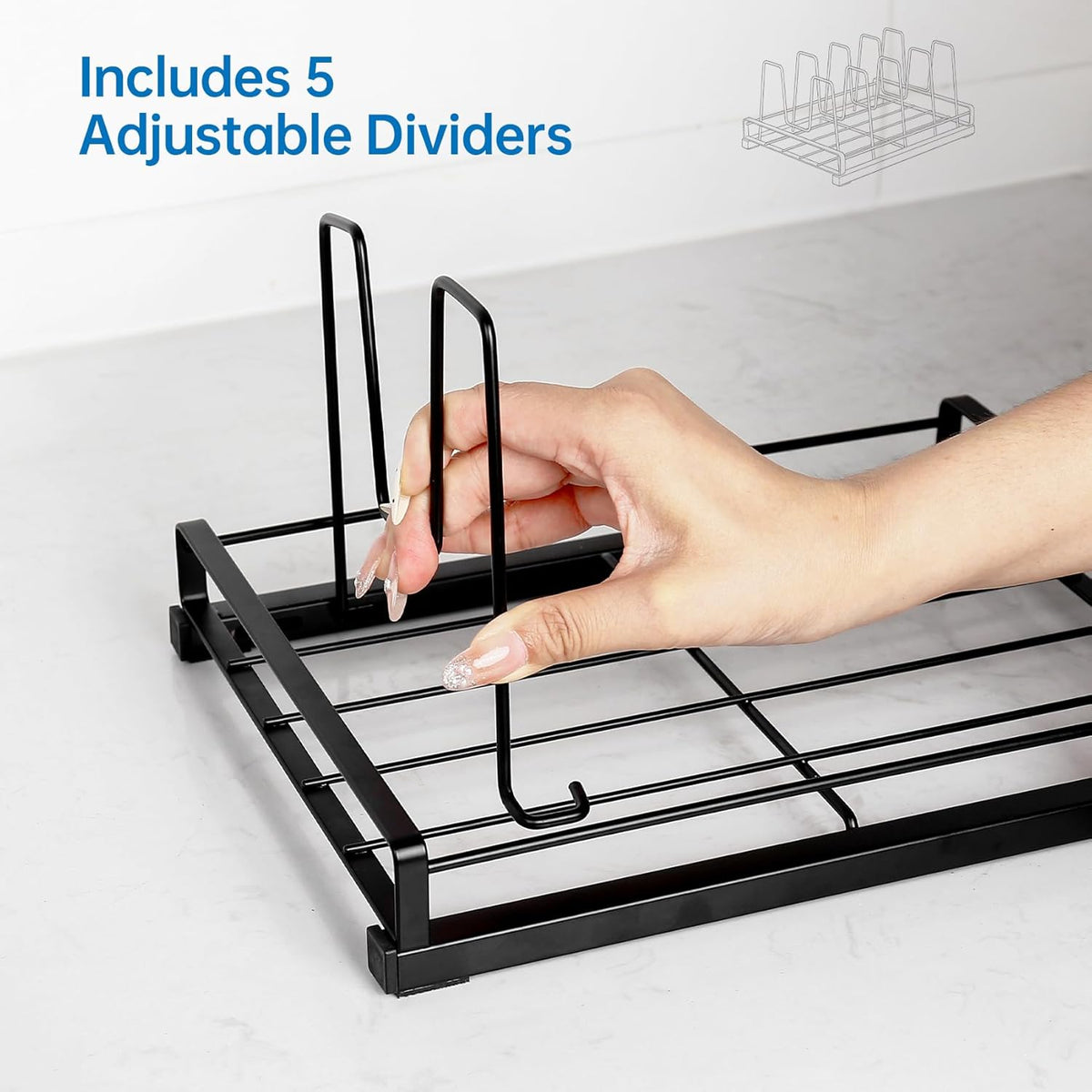 Food Container Lid Organizer Rack with Adjustable 6 Dividers, Black | Full-Metal Pot and Pan Organizer Holder for Home Kitchen Cabinets, Drawers, Countertop, Cupboards, Pantry Shelves Storage