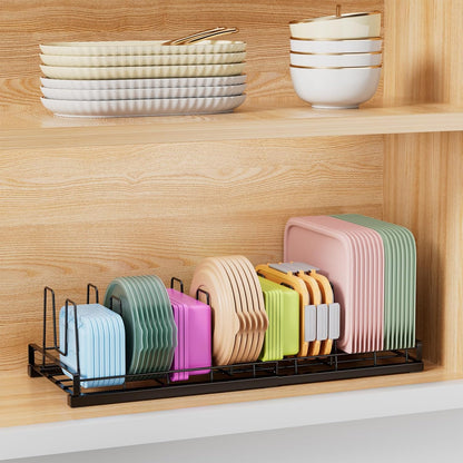 Food Container Lid Organizer Rack with Adjustable 6 Dividers, Black | Full-Metal Pot and Pan Organizer Holder for Home Kitchen Cabinets, Drawers, Countertop, Cupboards, Pantry Shelves Storage