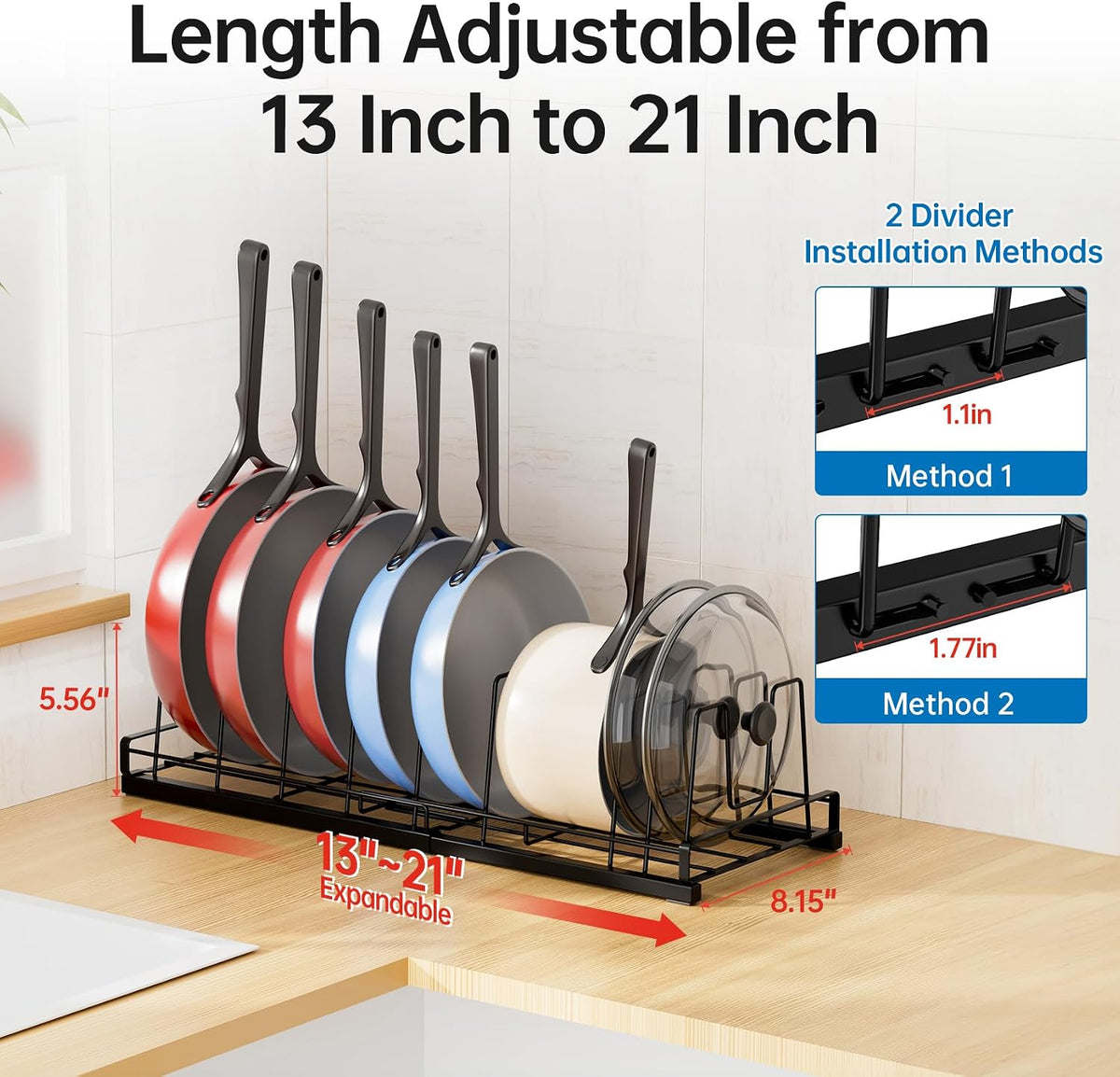 Food Container Lid Organizer Rack with Adjustable 6 Dividers, Black | Full-Metal Pot and Pan Organizer Holder for Home Kitchen Cabinets, Drawers, Countertop, Cupboards, Pantry Shelves Storage