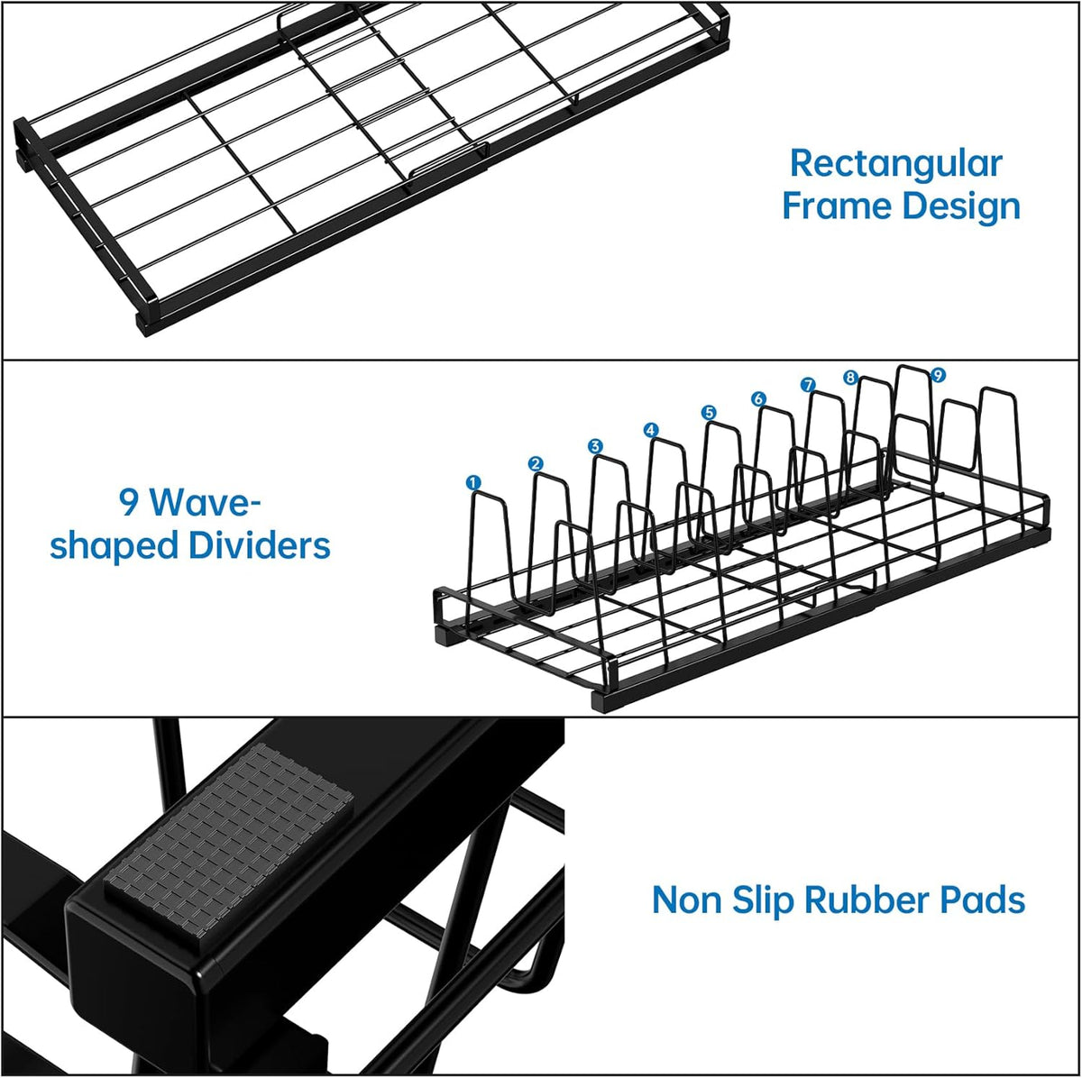 Food Container Lid Organizer Rack with Adjustable 6 Dividers, Black | Full-Metal Pot and Pan Organizer Holder for Home Kitchen Cabinets, Drawers, Countertop, Cupboards, Pantry Shelves Storage