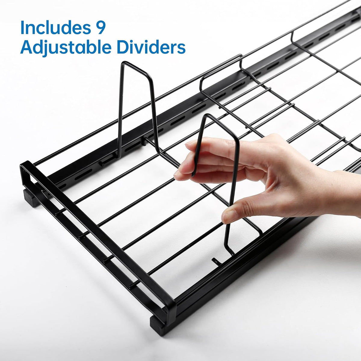 Food Container Lid Organizer Rack with Adjustable 6 Dividers, Black | Full-Metal Pot and Pan Organizer Holder for Home Kitchen Cabinets, Drawers, Countertop, Cupboards, Pantry Shelves Storage
