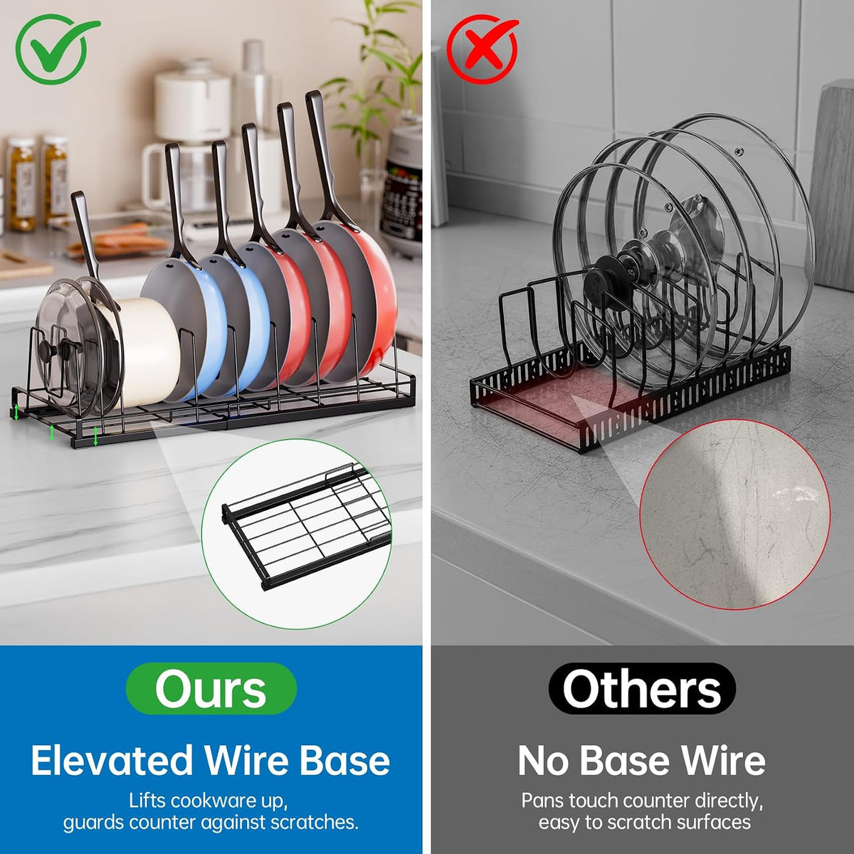 Food Container Lid Organizer Rack with Adjustable 6 Dividers, Black | Full-Metal Pot and Pan Organizer Holder for Home Kitchen Cabinets, Drawers, Countertop, Cupboards, Pantry Shelves Storage
