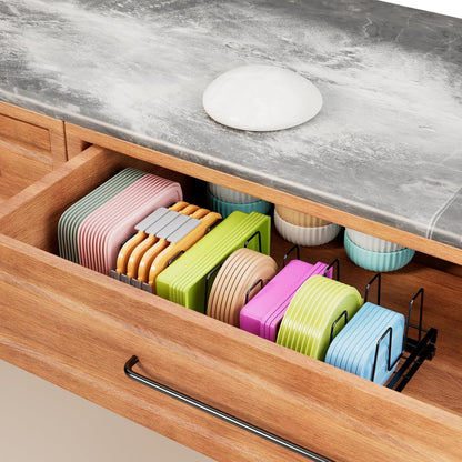 Food Container Lid Organizer Rack with Adjustable 6 Dividers, Black | Full-Metal Pot and Pan Organizer Holder for Home Kitchen Cabinets, Drawers, Countertop, Cupboards, Pantry Shelves Storage