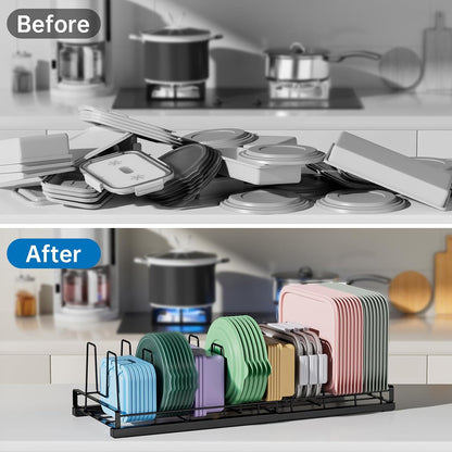 Food Container Lid Organizer Rack with Adjustable 6 Dividers, Black | Full-Metal Pot and Pan Organizer Holder for Home Kitchen Cabinets, Drawers, Countertop, Cupboards, Pantry Shelves Storage