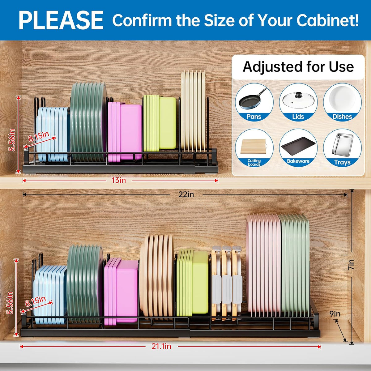 Food Container Lid Organizer Rack with Adjustable 6 Dividers, Black | Full-Metal Pot and Pan Organizer Holder for Home Kitchen Cabinets, Drawers, Countertop, Cupboards, Pantry Shelves Storage