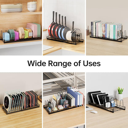 Food Container Lid Organizer Rack with Adjustable 6 Dividers, Black | Full-Metal Pot and Pan Organizer Holder for Home Kitchen Cabinets, Drawers, Countertop, Cupboards, Pantry Shelves Storage