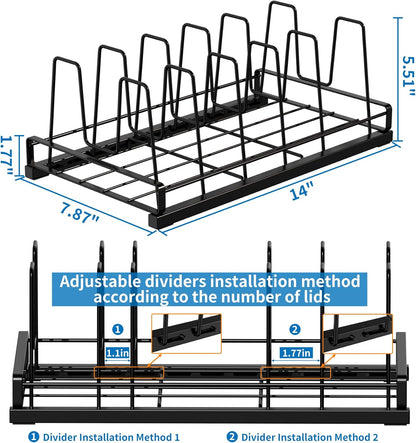 Food Container Lid Organizer Rack with Adjustable 6 Dividers, Black | Full-Metal Pot and Pan Organizer Holder for Home Kitchen Cabinets, Drawers, Countertop, Cupboards, Pantry Shelves Storage