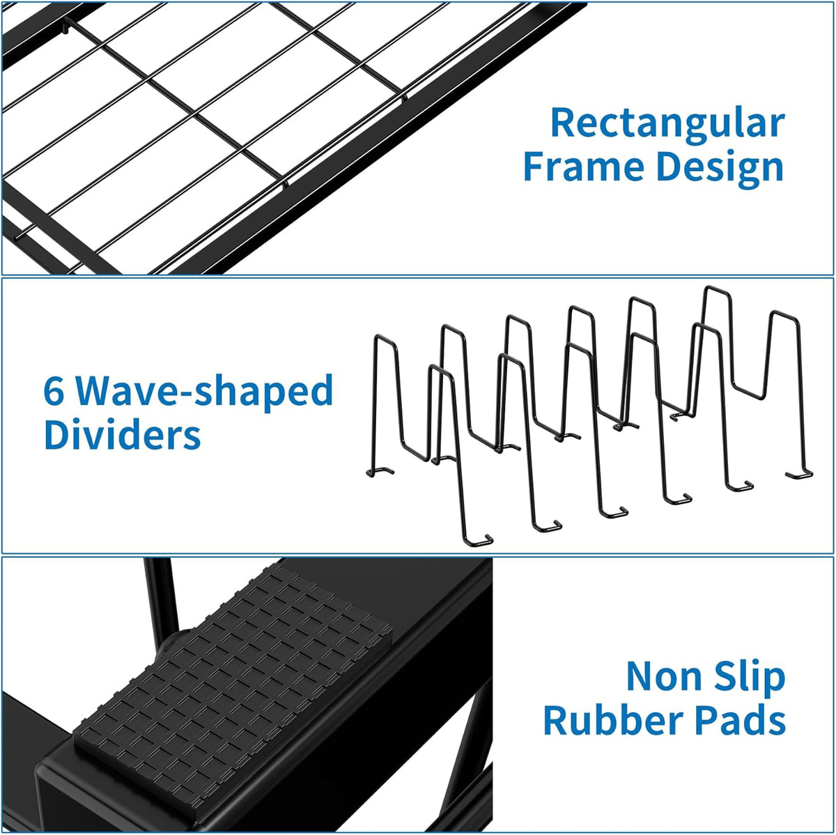 Food Container Lid Organizer Rack with Adjustable 6 Dividers, Black | Full-Metal Pot and Pan Organizer Holder for Home Kitchen Cabinets, Drawers, Countertop, Cupboards, Pantry Shelves Storage