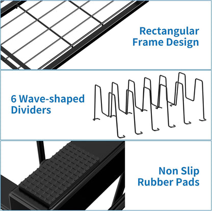 Food Container Lid Organizer Rack with Adjustable 6 Dividers, Black | Full-Metal Pot and Pan Organizer Holder for Home Kitchen Cabinets, Drawers, Countertop, Cupboards, Pantry Shelves Storage