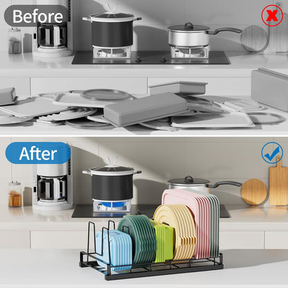 Food Container Lid Organizer Rack with Adjustable 6 Dividers, Black | Full-Metal Pot and Pan Organizer Holder for Home Kitchen Cabinets, Drawers, Countertop, Cupboards, Pantry Shelves Storage
