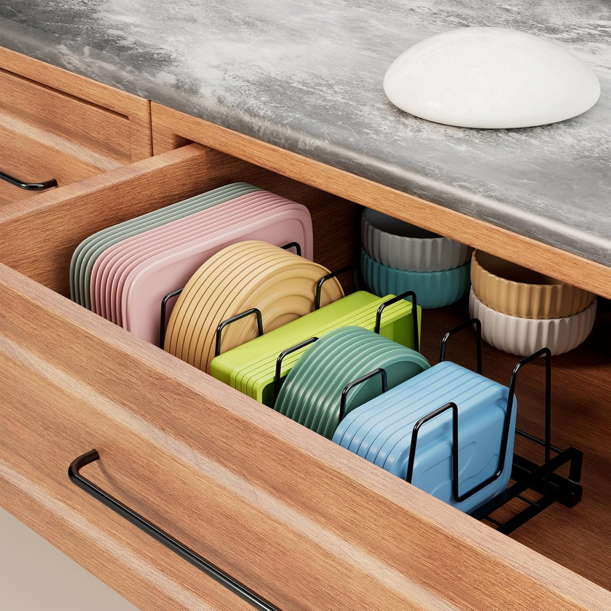Food Container Lid Organizer Rack with Adjustable 6 Dividers, Black | Full-Metal Pot and Pan Organizer Holder for Home Kitchen Cabinets, Drawers, Countertop, Cupboards, Pantry Shelves Storage