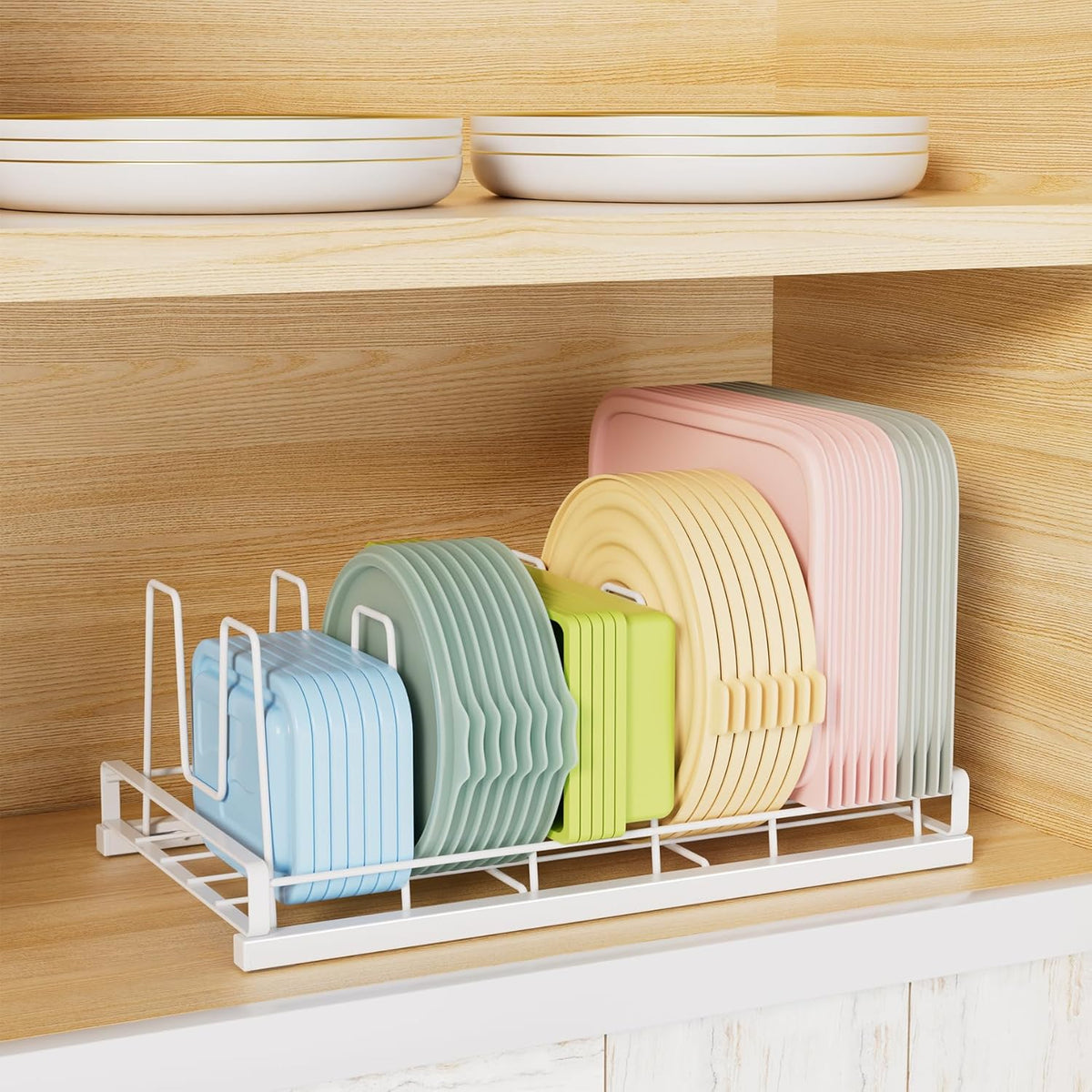 Food Container Lid Organizer Rack with Adjustable 6 Dividers, Black | Full-Metal Pot and Pan Organizer Holder for Home Kitchen Cabinets, Drawers, Countertop, Cupboards, Pantry Shelves Storage