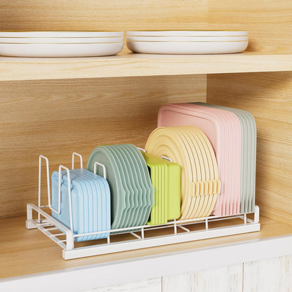 Food Container Lid Organizer Rack with Adjustable 6 Dividers, Black | Full-Metal Pot and Pan Organizer Holder for Home Kitchen Cabinets, Drawers, Countertop, Cupboards, Pantry Shelves Storage