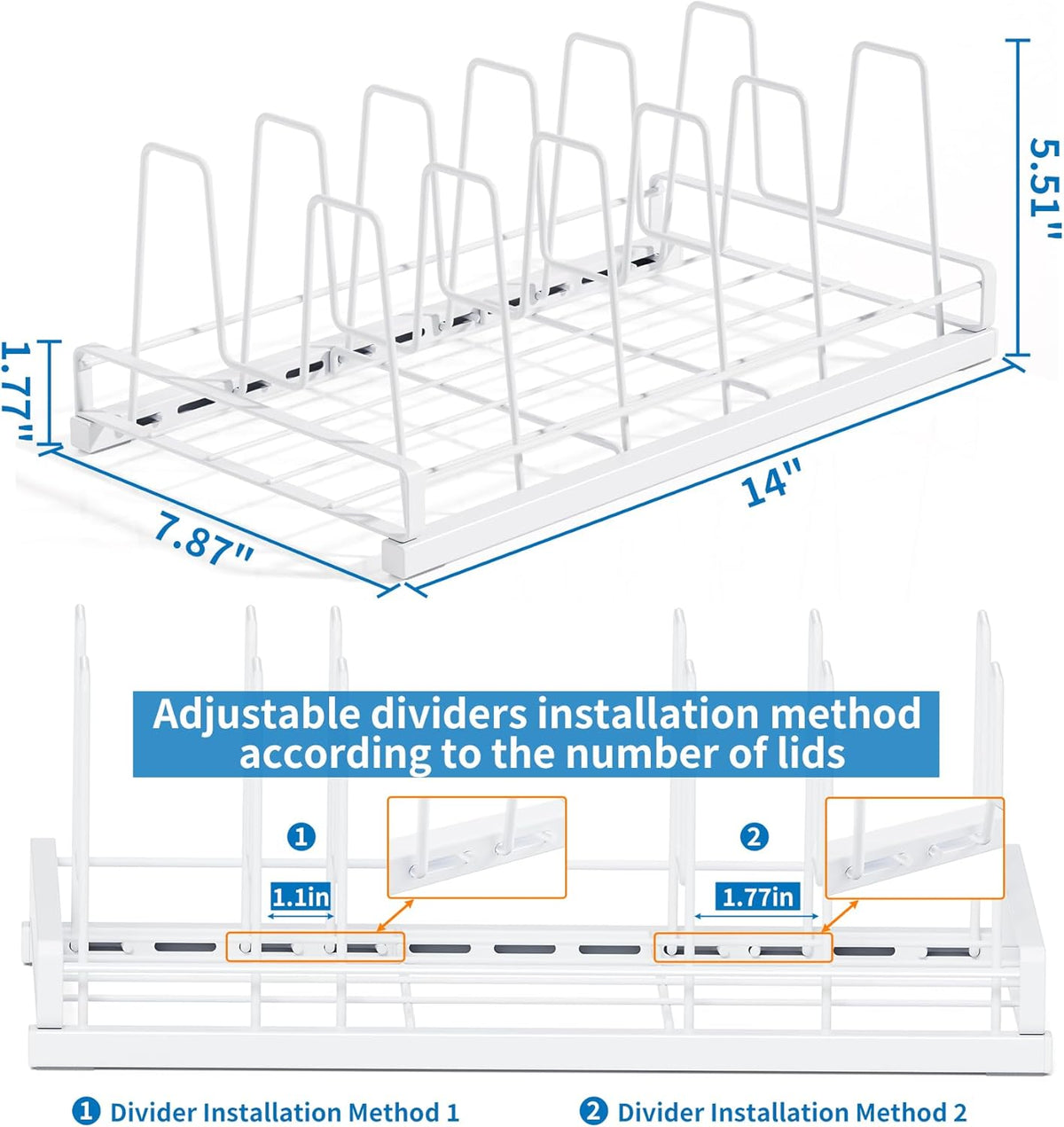 Food Container Lid Organizer Rack with Adjustable 6 Dividers, Black | Full-Metal Pot and Pan Organizer Holder for Home Kitchen Cabinets, Drawers, Countertop, Cupboards, Pantry Shelves Storage
