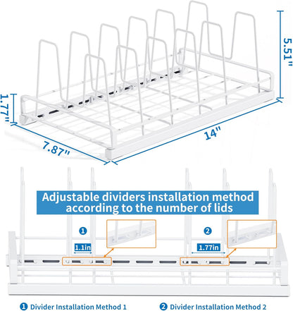 Food Container Lid Organizer Rack with Adjustable 6 Dividers, Black | Full-Metal Pot and Pan Organizer Holder for Home Kitchen Cabinets, Drawers, Countertop, Cupboards, Pantry Shelves Storage