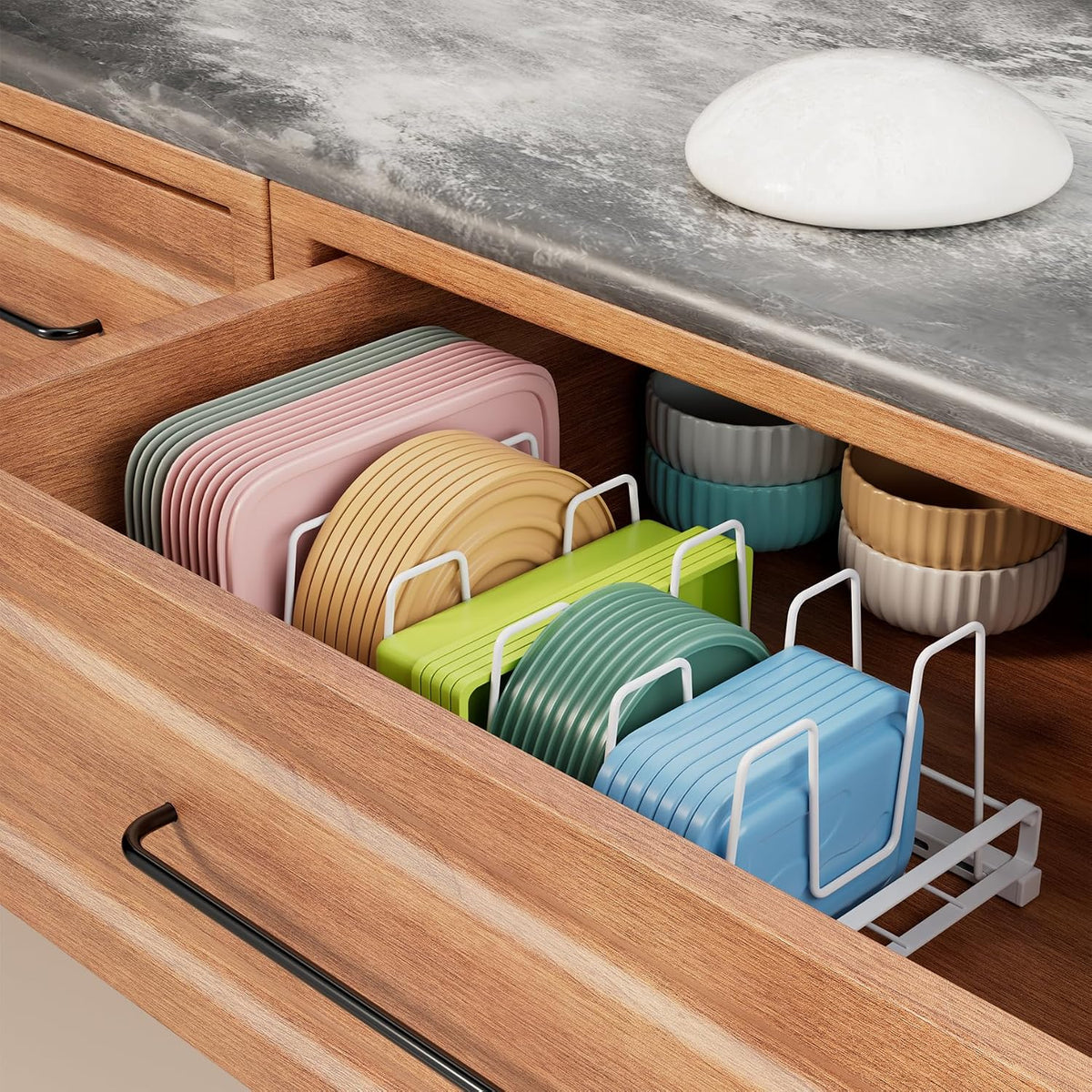 Food Container Lid Organizer Rack with Adjustable 6 Dividers, Black | Full-Metal Pot and Pan Organizer Holder for Home Kitchen Cabinets, Drawers, Countertop, Cupboards, Pantry Shelves Storage