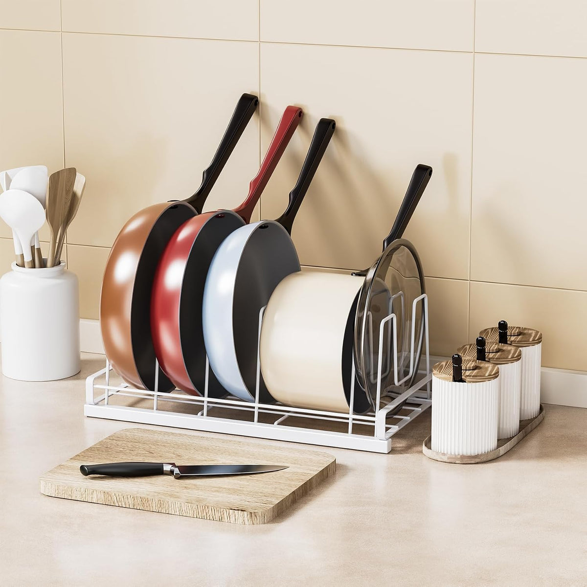 Food Container Lid Organizer Rack with Adjustable 6 Dividers, Black | Full-Metal Pot and Pan Organizer Holder for Home Kitchen Cabinets, Drawers, Countertop, Cupboards, Pantry Shelves Storage