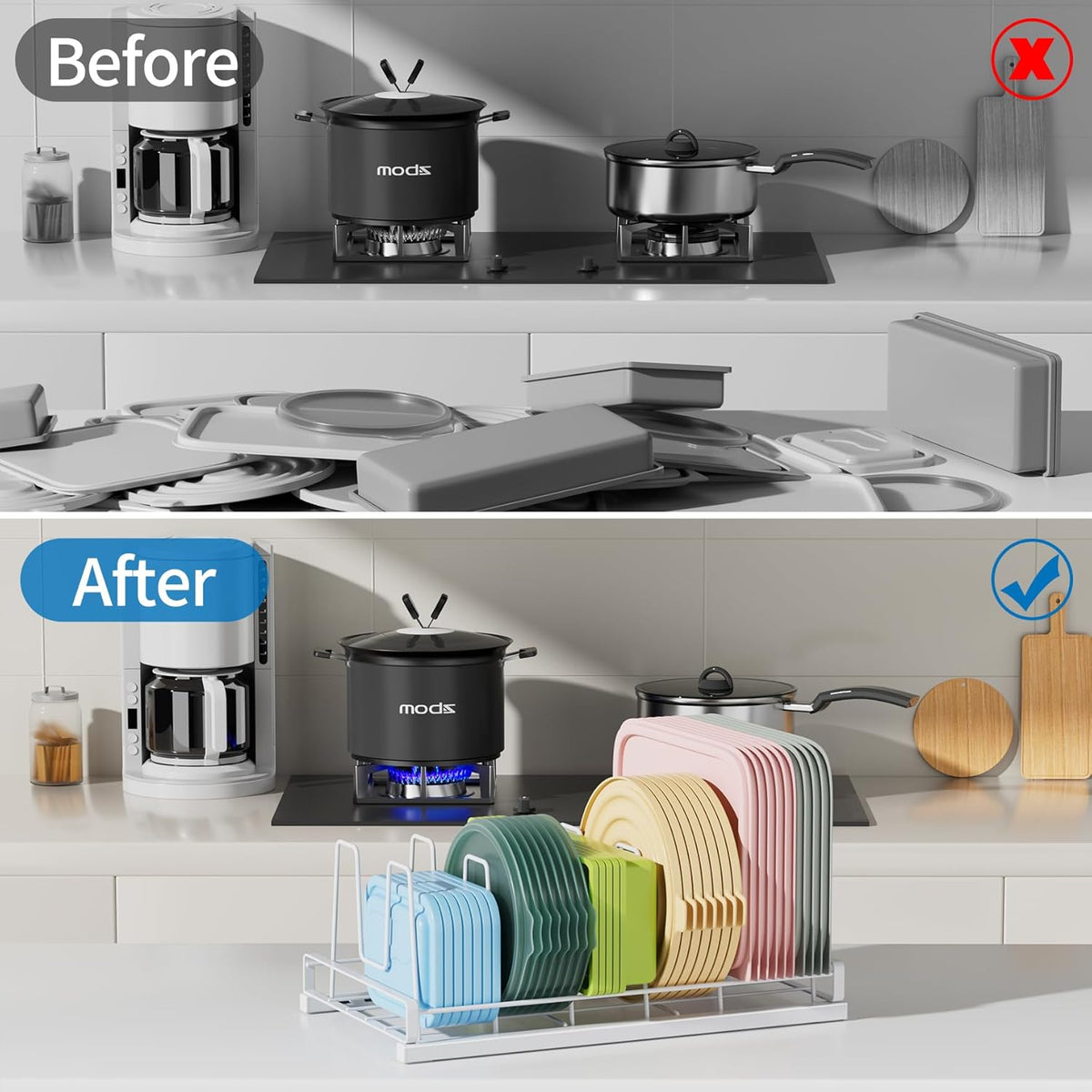Food Container Lid Organizer Rack with Adjustable 6 Dividers, Black | Full-Metal Pot and Pan Organizer Holder for Home Kitchen Cabinets, Drawers, Countertop, Cupboards, Pantry Shelves Storage