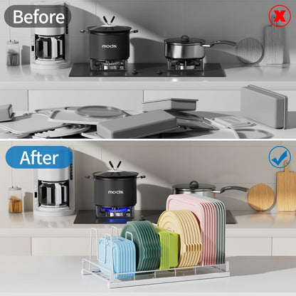 Food Container Lid Organizer Rack with Adjustable 6 Dividers, Black | Full-Metal Pot and Pan Organizer Holder for Home Kitchen Cabinets, Drawers, Countertop, Cupboards, Pantry Shelves Storage