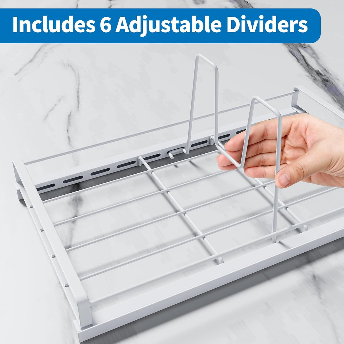 Food Container Lid Organizer Rack with Adjustable 6 Dividers, Black | Full-Metal Pot and Pan Organizer Holder for Home Kitchen Cabinets, Drawers, Countertop, Cupboards, Pantry Shelves Storage