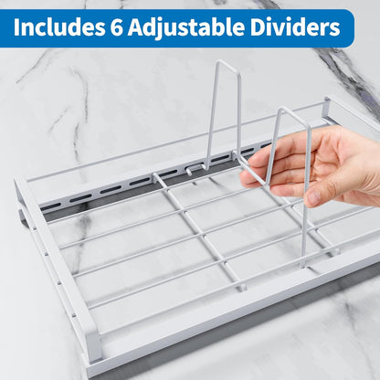 Food Container Lid Organizer Rack with Adjustable 6 Dividers, Black | Full-Metal Pot and Pan Organizer Holder for Home Kitchen Cabinets, Drawers, Countertop, Cupboards, Pantry Shelves Storage