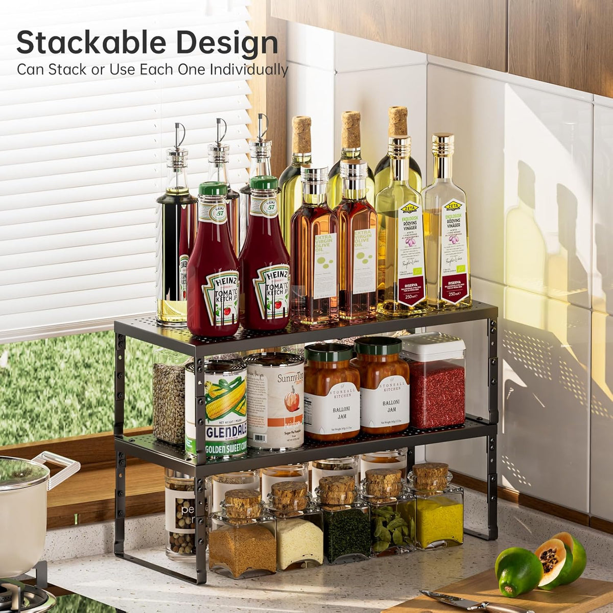 Expandable Adjustable Stackable Kitchen Organizer,Pantry Storage Shelves Racks,for cabinets Shelf, Kitchens, countertops, bathrooms,RV(Black,Medium)