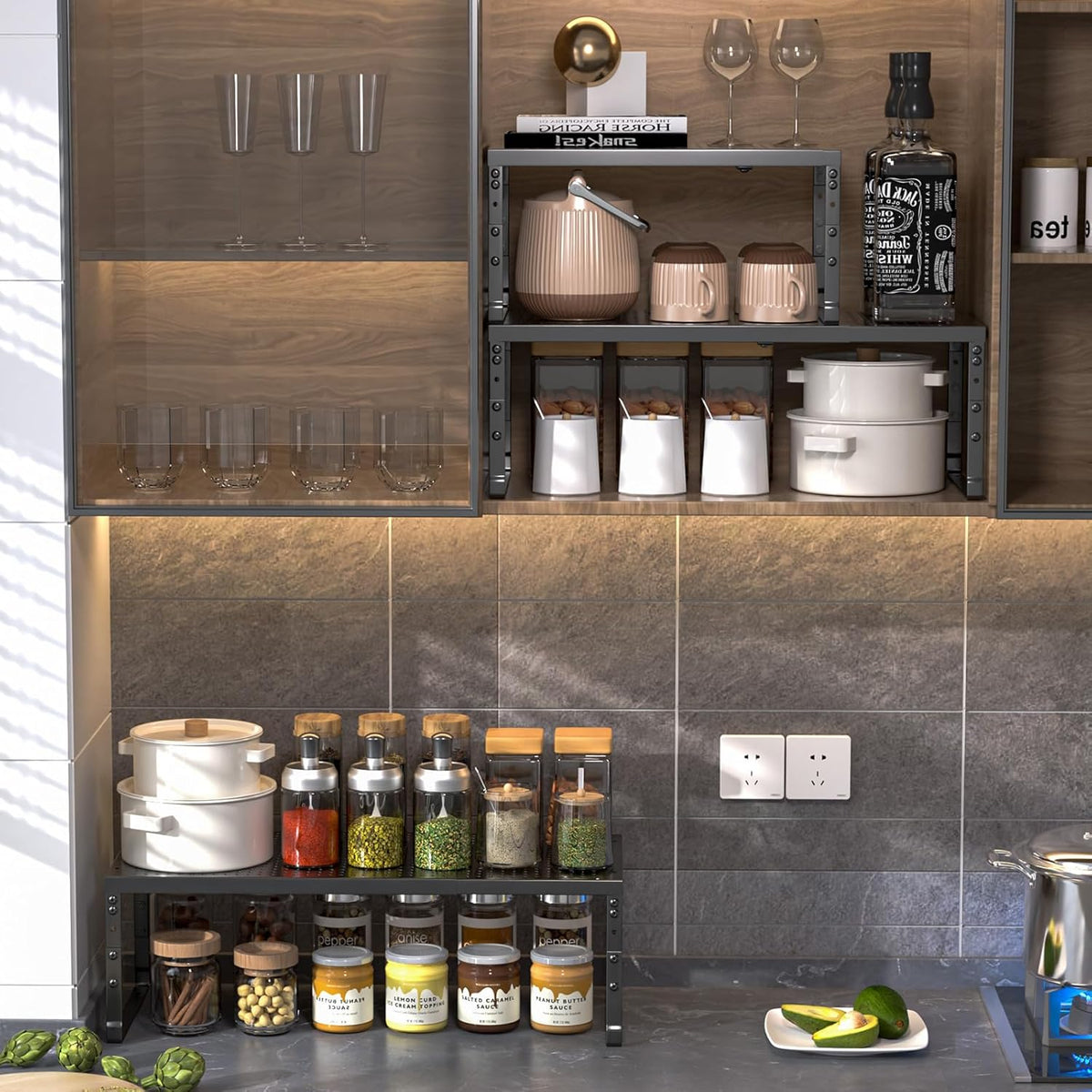 Expandable Adjustable Stackable Kitchen Organizer,Pantry Storage Shelves Racks,for cabinets Shelf, Kitchens, countertops, bathrooms,RV(Black,Medium)