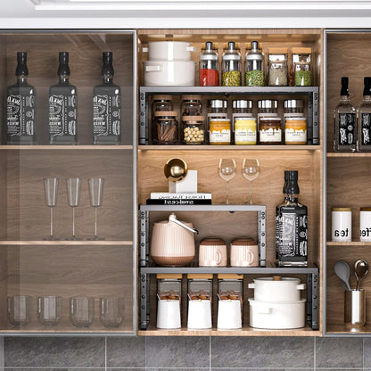 Expandable Adjustable Stackable Kitchen Organizer,Pantry Storage Shelves Racks,for cabinets Shelf, Kitchens, countertops, bathrooms,RV(Black,Medium)