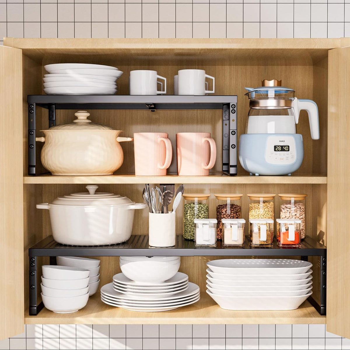Expandable Adjustable Stackable Kitchen Organizer,Pantry Storage Shelves Racks,for cabinets Shelf, Kitchens, countertops, bathrooms,RV(Black,Medium)